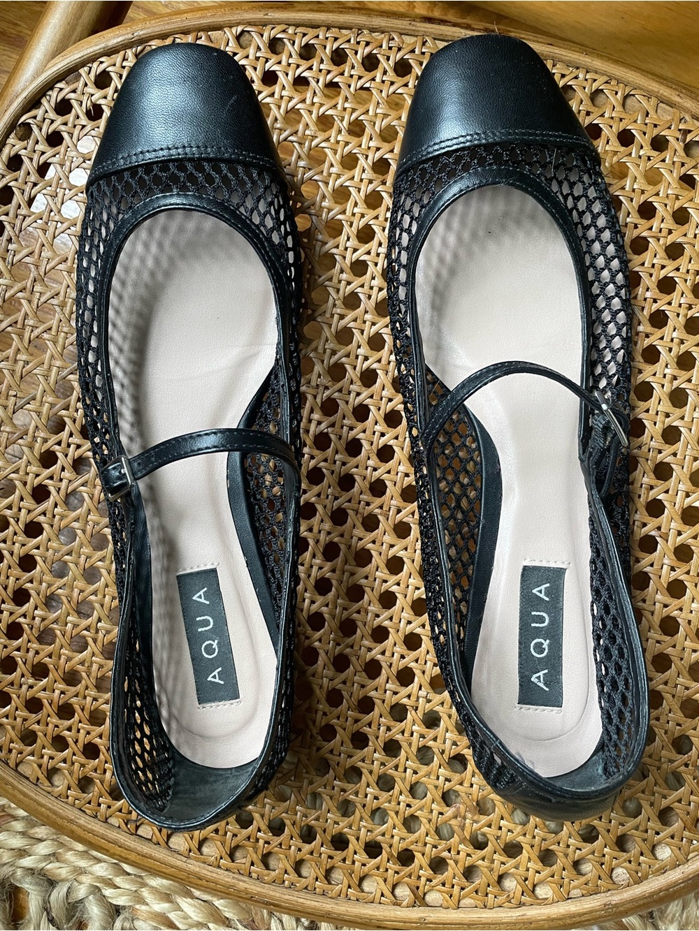 Aqua Black Mesh Mary Jane Flats with Cap Toe